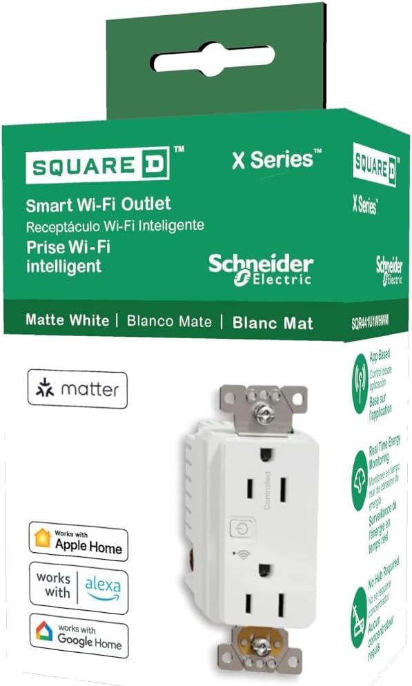 Square D by Schneider Electric X Series 15A 125V Wi-Fi Energy Monitoring Socket Outlet, Tamper Resistant, Matter Certified, Compatible with Alexa, Google Home, Apple Home, Matte White