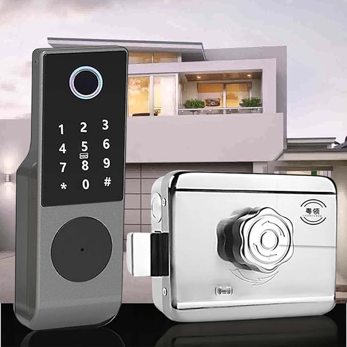 Smart Fingerprint Gate Door Lock – Waterproof Keyless Rim Latch with Tuya App, Passcode Keypad, IC Card & Mechanical Key, Built-in Doorbell, Smart Lock for Outdoor Fence, Yard & Home Security