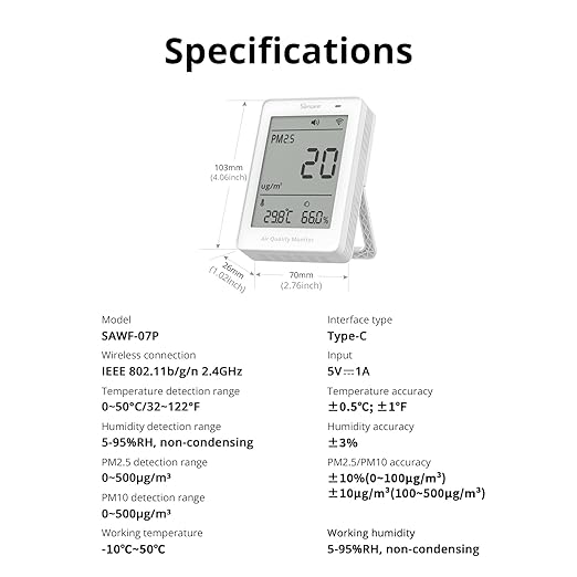 SONOFF SAWF-07P Smart Indoor Air Quality Monitor with PM2.5, PM10, Temperature & Humidity Sensor, Real-Time Display, Notification, Matter-Compatible, 2.4GHz WiFi, 3.73-inch Screen, for Bedroom, Nusery