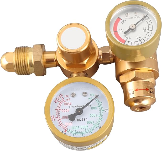 Gas Welding Regulator Argon CO2 Gauge TIG MIG Flowmeter High Precision Adjustable Pressure Reducing Valve with Double Gauge 4500psi Cylinder Pressure 1/4in Outlet 6.605GPM f