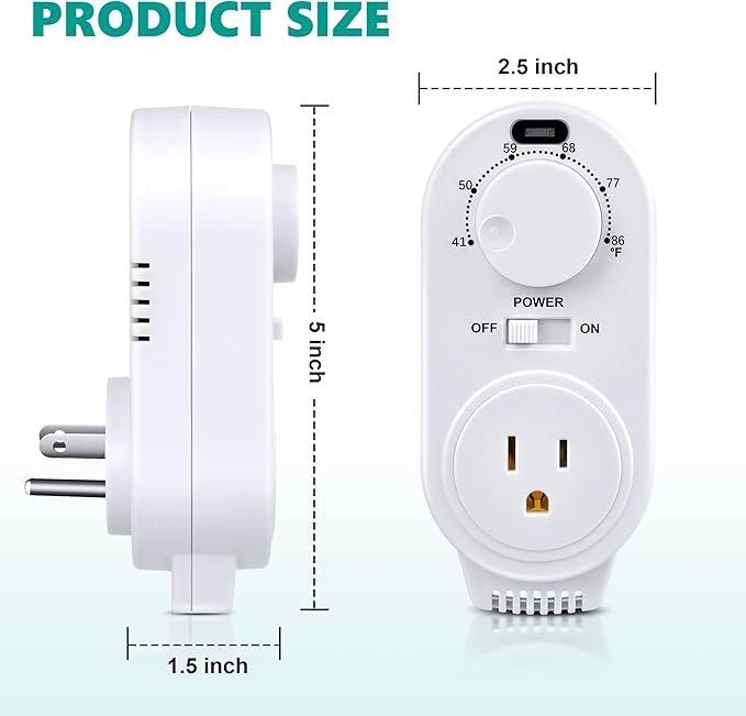 Adjustable Thermostat, Plug in Heating and Cooling Thermostat Controlled Outlet, Compatible with Portable AC, Fans and Space Heaters(1 Pack,White)