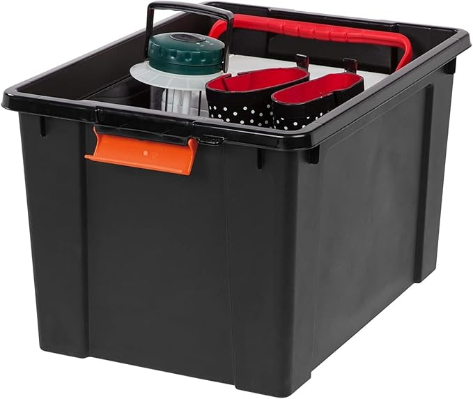 IRIS USA 20 Gallon Lockable Storage Bins with Lids, 4 Pack - Made in USA, Heavy Duty, Stackable Containers, Garage Organizing Bins Moving Tubs, Rugged Sturdy Equipment Utility Box - Black/Orange