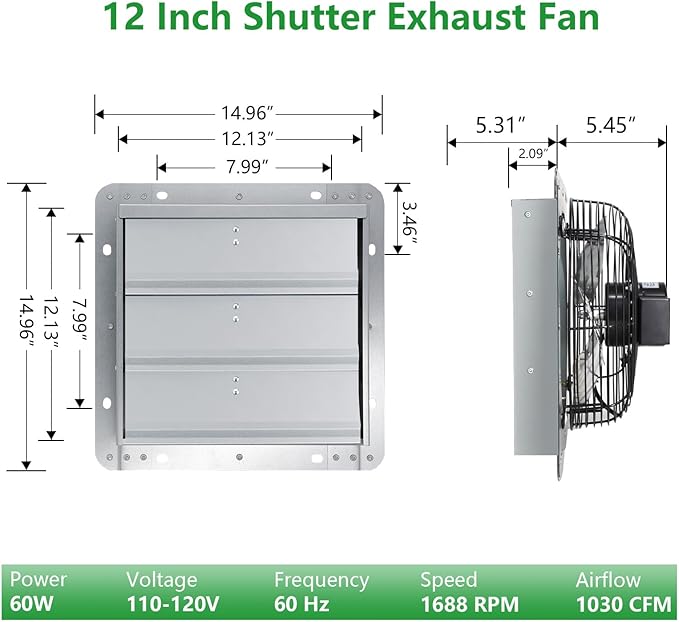 Shutter Exhaust Fan, 12 inch Wall Mount Attic Fans w/Speed Controller,1030 CFM,Chicken Coops Vent Fan for Greenhouse, Gable, Barn, Garage, Shed Ventilation Fan
