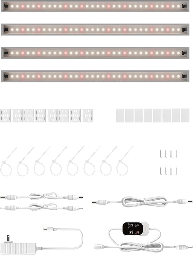 Smart Grow Light for Indoor Plants,3500K Full Spectrum LED Plant Light Strips with 3/9/12H Auto Timer,Stepless Dimming,Modular Design，Plug and Play (White, 4 Pack)