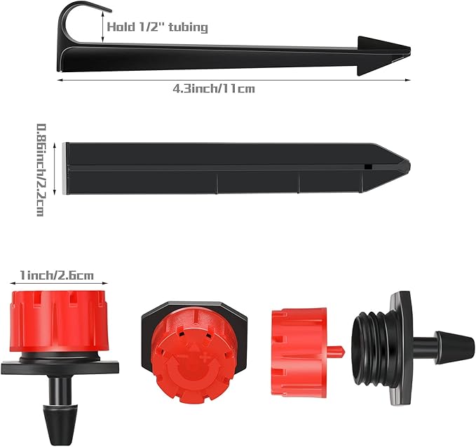 Honoson 30 Pack 1/2 Inch Irrigation Tubing Hold Down Anchor Stakes, 0.87 x 4.33 Inch Drip Tubing Stakes with 50 Pcs 1/4" Adjustable Irrigation Drippers Sprinklers for Garden Patio Lawn Hoses(Red)