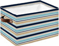 Khaki Striped Storage Bins Cubes Waterproof Cloth Storage Basket,Navy Blue Farmhouse Stripes Modern Abstract Art Foldable Storage Bags for Shelf Storages Organizers with Handles 15x11x9.5 in 1PCS