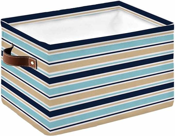 Khaki Striped Storage Bins Cubes Waterproof Cloth Storage Basket,Navy Blue Farmhouse Stripes Modern Abstract Art Foldable Storage Bags for Shelf Storages Organizers with Handles 15x11x9.5 in 1PCS