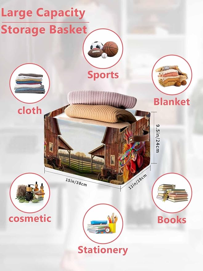 Farm Rooster Storage Bins Cubes Waterproof Cloth Storage Basket, Farmhouse Barn Funny Animals Butterfly Foldable Storage Bags for Shelf Clothes Storages Organizers with Handles 15x11x9.5 in 1PCS