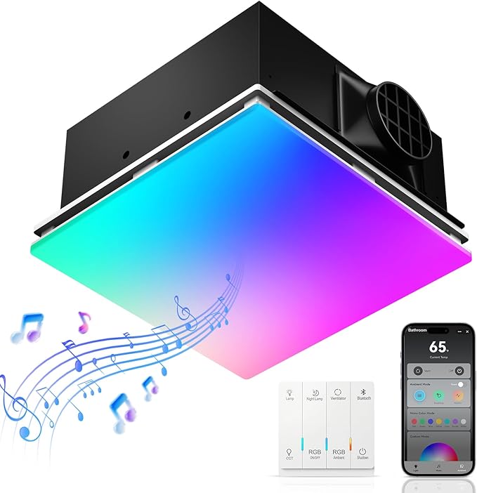 BSEED Wifi Smart Bathroom Exhaust Fan with Light, Bluetooth Speaker & Humidity Sensor, 230 CFM 1.5 Sone, 7 RGB Modes & 3CCT Adjustable Light & Nightlight, Music Sync, App/Remote Control, Easy Install