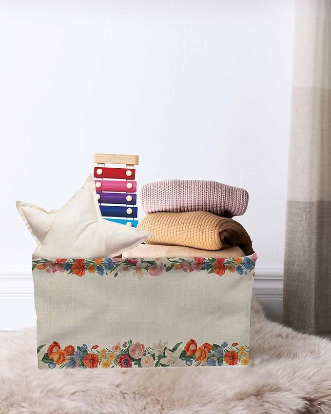 Colorful Roses Floral Storage Bins Cubes Waterproof Cloth Storage Basket,Farmhouse Spring Flowers Vintage Foldable Storage Bags for Shelf Clothes Storages Organizers with Handles 15x11x9.5 in 1PCS