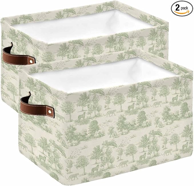 Tiger Leopard Storage Bins Cubes Waterproof Cloth Storage Basket, Green Country Retro Forest Trees Animals Foldable Storage Bags for Shelf Closet Clothes Organizers with Handles 15x11x9.5 in 2PCS