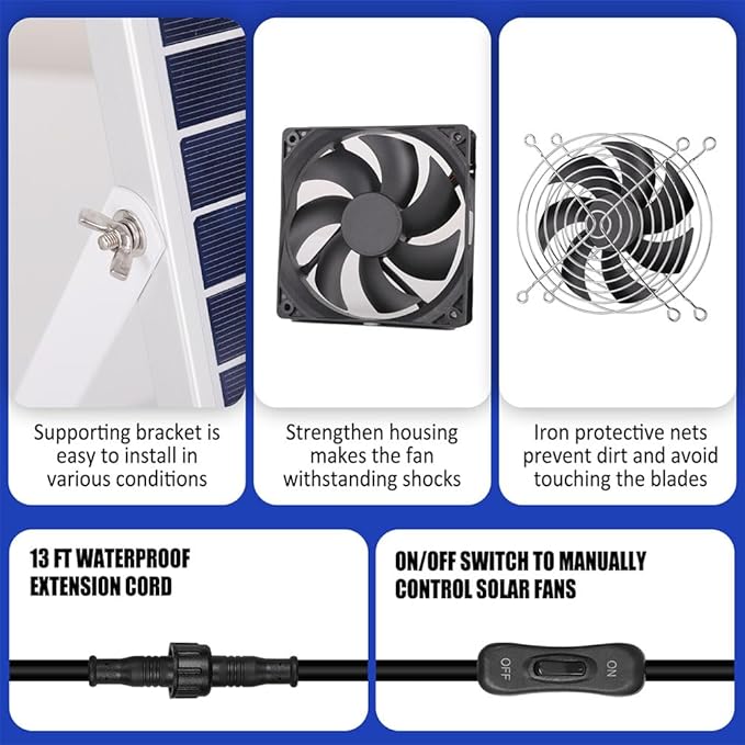5 Inch Solar Powered Fan, Solar Exhaust Intake Fan Kit, IPX7 Waterproof Dual Fans with 13Ft On/Off Switch Cable, Cooling Ventilation for Greenhouse, Chicken Coop, Shed, Dog House, Outside