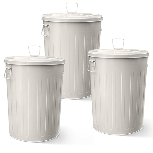 Plexon 20 Gallon Metal Trash Can with Lid Outdoor Large Trash Bin Steel Garbage Can for Garage Patio Farmhouse Bucket Bird Seed Storage Can Heavy Duty Round Container, Beige 3 Pack