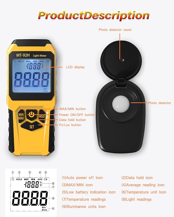 MT-92H Light Meter with Split Sensor Lux/Foot Candles Meter 500ms Refresh Rates Range up to 200,000 Lux Switchable Backlight Temperature Measurer 14℉-140℉
