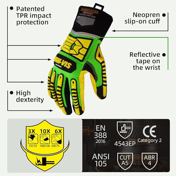 Seibertron High-Vis Series Cut Resistant Reducing Anti-Impact Mechanics Heavy Duty Safety Rescue Oil and Gas Gloves