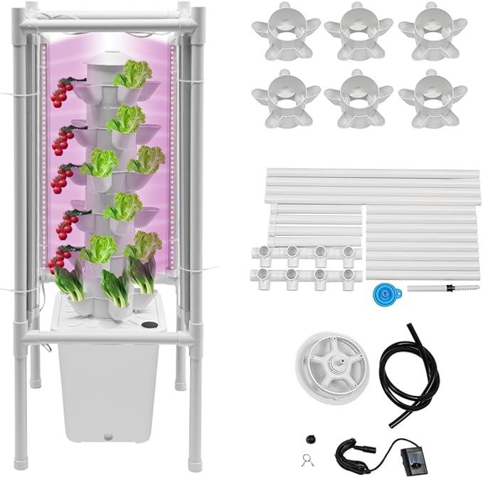 Hydroponic Growing Kit, 6 Layer 30 Planting Point Hydroponic Grow Tower with 4 LED Lamps, Vertical Tower Planter Germination Kit, Hydroponics Growing System for Garden, Office, Balcony (White)