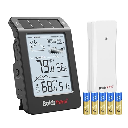BaldrTherm Outdoor Indoor Thermometer Wireless Weather Station, Dual-Zone Childroom Temp Humidity Monitor, Auto Smart Backlight,Temp/Humidity/Barometric Trend Visualization, Black&White