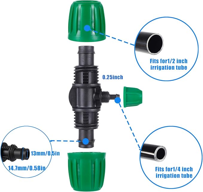 10 Pcs 1/2 to 1/4 inch Garden Hose Tubing Irrigation Fittings,3-Way Anti-Leak 1/2'' to 1/4'' Locked Barbed Drip Irrigation Tee Connectors (1/2"IDx0.6-0.63"OD) 1/2'' to 1/4'' Irrigation Tubing Fitting