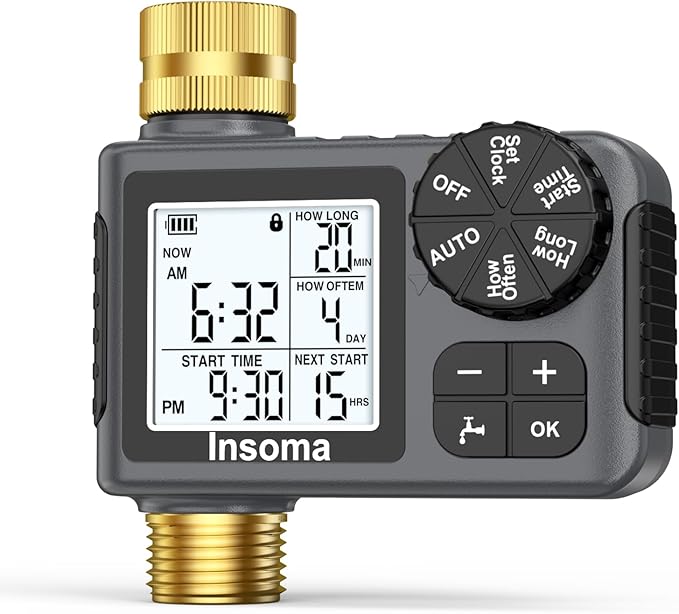 Sprinkler Timer with Brass Inlet & Outlet, Water Timer for Garden Hose with Auto/Manual/Rain Delay Mode, Easy Setup Hose Timers for Lawn, Garden, Vacation Watering,1 Outlet