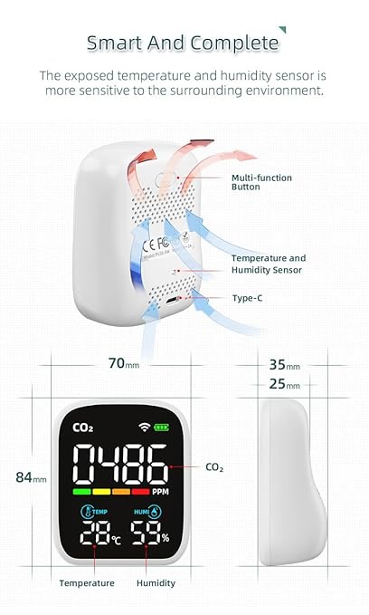 Smart Air Quality Monitor with CO2, WiFi, Temperature & Humidity Sensors,LED Display with Raise to Wake,New Upgraded Alarm Clock Function, Air Quality Tester for Bedroom, Smart Home