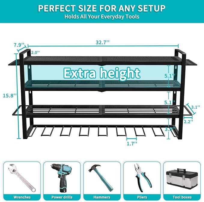 Power Tool Organizer Wall Mount Loads 400lbs, 4 Layers Heavy Duty Tool Organizers and Storage, Cordless Tool Rack with 8 Drills Holder, for Garage Workshop Shed Tool Room Garden