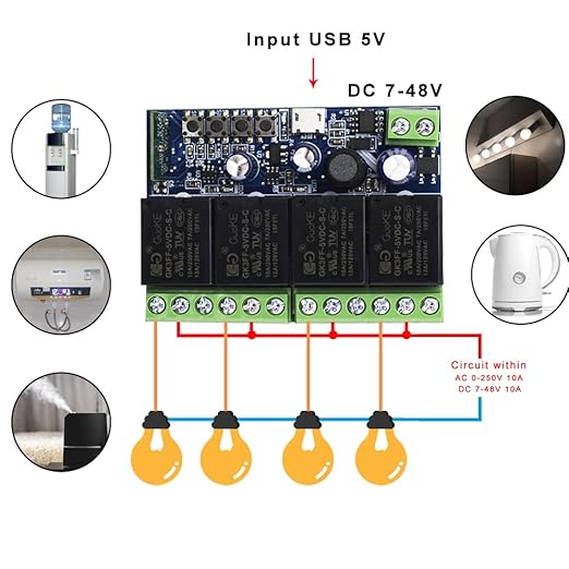 Ewelink WiFi Wireless Smart Relay Module USB 5v 4 Channel Inching Self-Lock Latched Dry Contact Remote Toggle Switch for Access Control, Garage Door,Home Automation, Compatible with Alexa Google Home