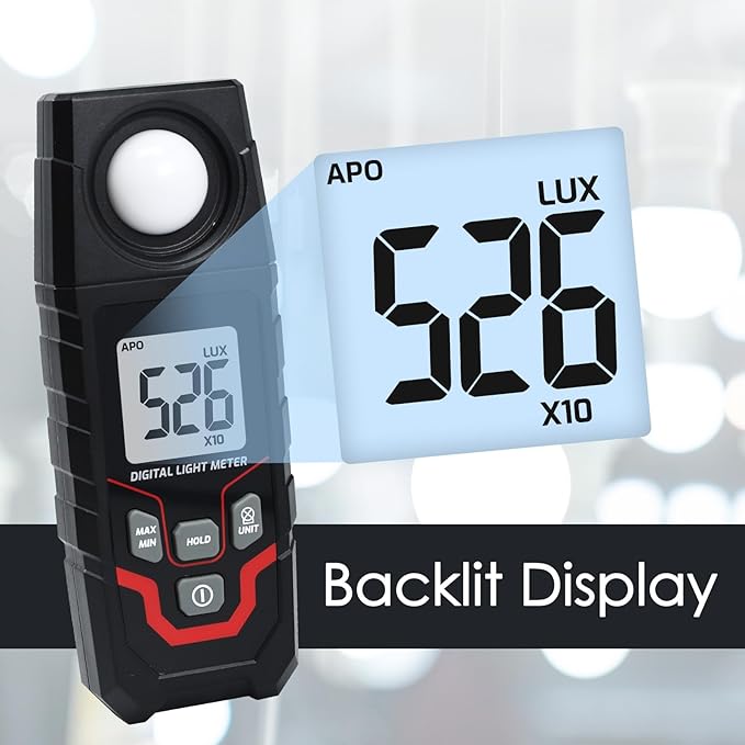 Light Meter Digital Illuminance Meter, Lux/Foot Candles Meter, Range up to 200,000 Lux Handheld Photometer with 4 Digit LCD Display Backlit Light Meter Photography Luxmeter for LED Plants