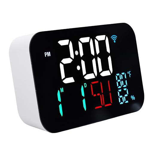 Luqeeg Smart WiFi Digital Clock, Thermometer Humidity Monitor, Weather Station with LED Display, 4 Brightness Levels, Automatic Time Sync & 2 Alarms, Compatible with Tuya Smart App, (#1)