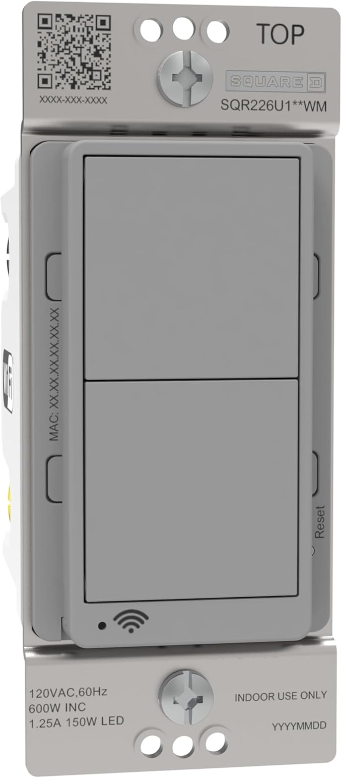 Square D by Schneider Electric X Series 15 Amp WiFi Energy Monitoring Light Switch, Single-Pole/3-way, 600 Watt, Rocker, Matter Certified, Works with Alexa, Google Home, Apple Home, Matte Grey