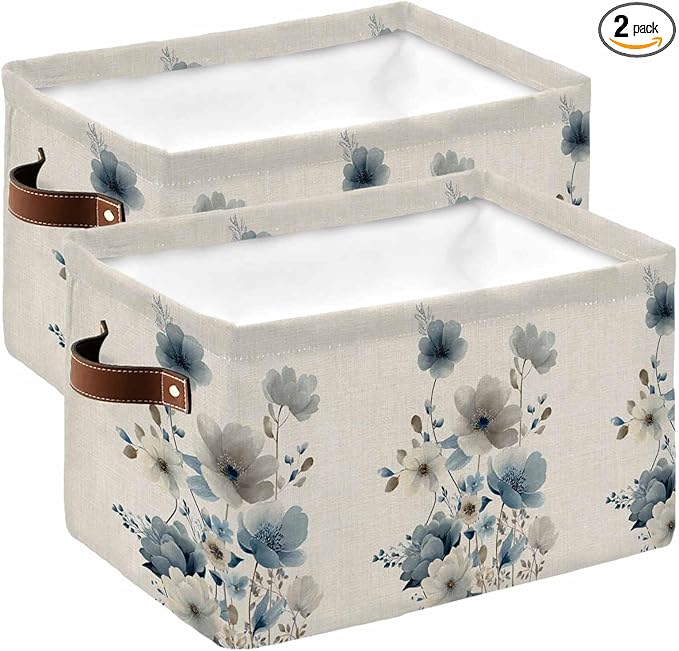 Blue Grey Floral Storage Bins Cubes Waterproof Cloth Storage Basket, Watercolor Flowers Linen Texture Foldable Storage Bags for Shelf Closet Clothes Organizers with Handles 15x11x9.5 in 2PCS