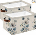 Blue Grey Floral Storage Bins Cubes Waterproof Cloth Storage Basket, Watercolor Flowers Linen Texture Foldable Storage Bags for Shelf Closet Clothes Organizers with Handles 15x11x9.5 in 2PCS