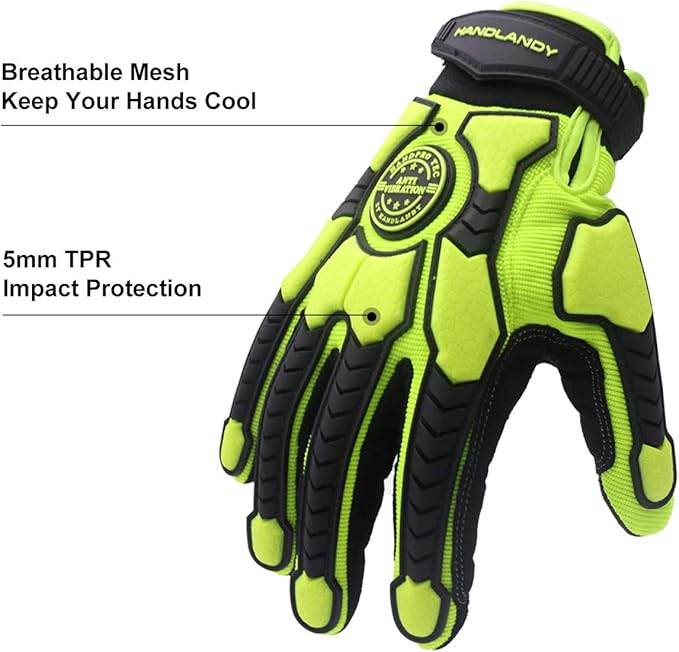 HANDLANDY HLDD Heavy Duty Work Gloves, TPR Protector Impact Gloves, Men Anti Vibration Mechanic Work Glove TouchScreen