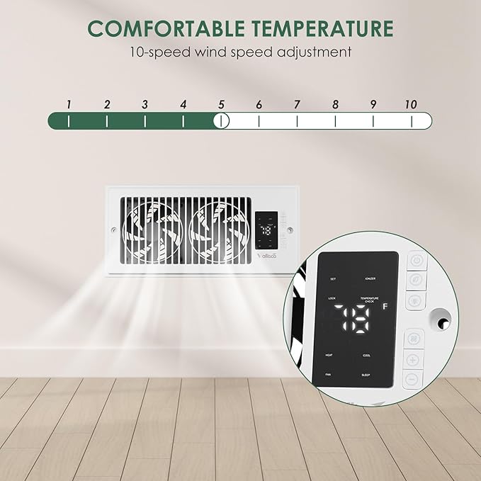 VallisCo Register Booster Fan 4"x10", 10-Speed Quiet Vent Fan with Negative Ion, Thermostat & Remote, Enhances and Improves Heating & Cooling Efficiency, Air Vent Booster for Home Room Comfort, White