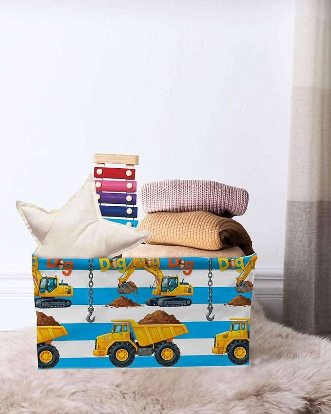 Blue Striped Yellow Truck Storage Bins Cubes Waterproof Cloth Storage Basket, Farmhouse Stripes Modern Art Foldable Storage Bags for Shelf Closet Clothes Organizers with Handles 15x11x9.5 in 1PCS