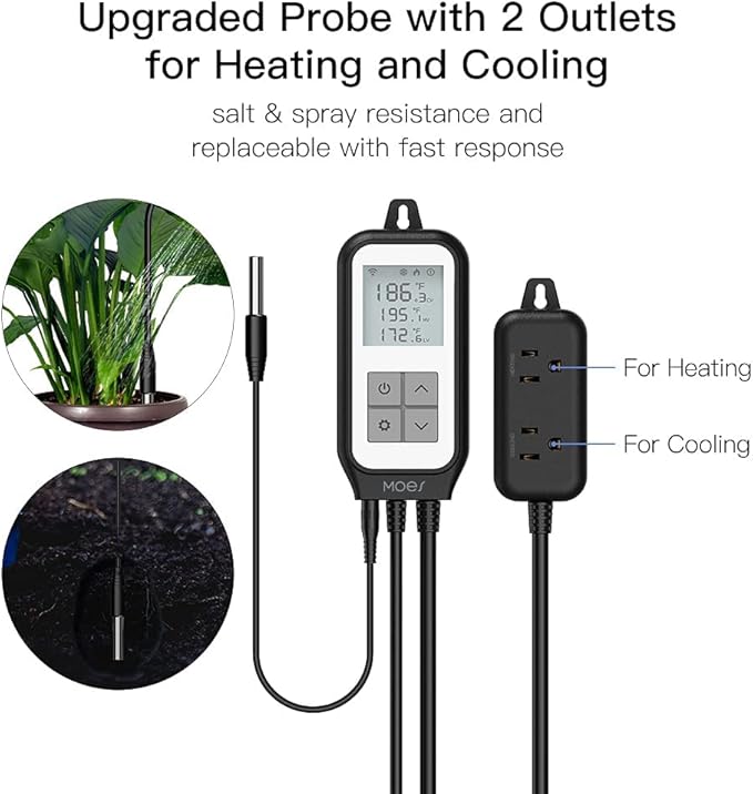 MOES Smart WiFi Cooling Heating Thermostat Outlet, Tuya Digital Temperature Controller Sensor Plug for Reptile Fermenter Brewing Breeding Heat Mat, Smart Life Remote Control, -22-221℉,10A 1250W