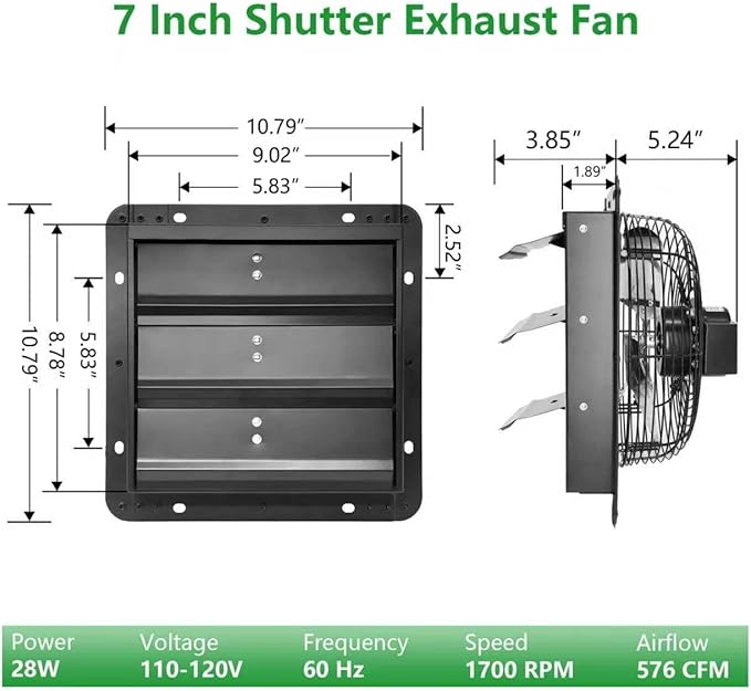 Shutter Exhaust Fan with Thermostat & Speed Control, 576 CFM,1700RPM, Upgrade 7 inch Wall Mount Attic Vent Fan for Chicken Coops, Greenhouse, Barn, Garage, Shed Ventilator