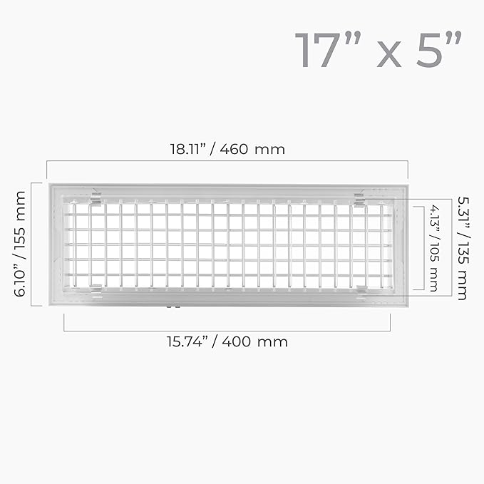 17" x 5" Aluminum Supply & Return Air Grille – Powder-Coated Wall Vent Register Cover with Adjustable Louvers – Flat Duct HVAC Ventilation System Exhaust & Intake Vent with Mounting Clips