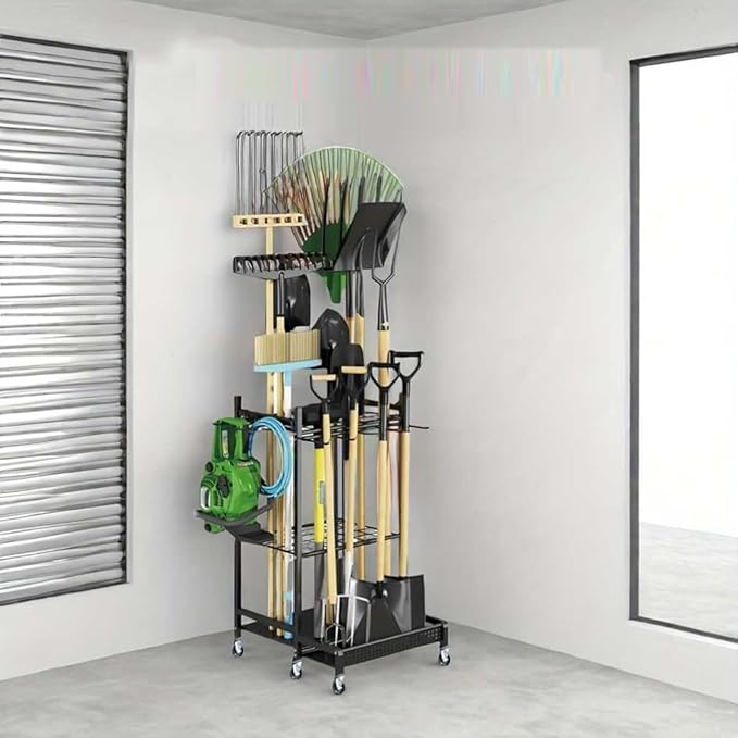 Garden Yard Tool Stand Tower Racks With Wheels, Heavy Duty Garage Storage for,Broom Holder, UP to 35 Tools