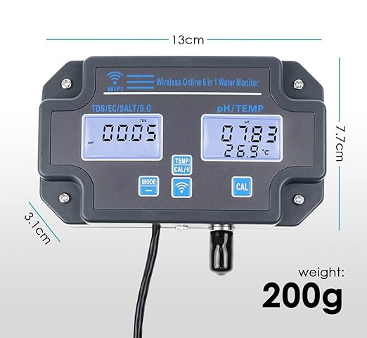 Smart Water Quality Tester 6-in-1 pH/EC/TDS/Salinity/S.G and Temperature Meter with Wi-Fi Continuous Monitor Wall-Mounted pH Water Meter with ATC and Easy Calibration for Aquariums, Hydroponics