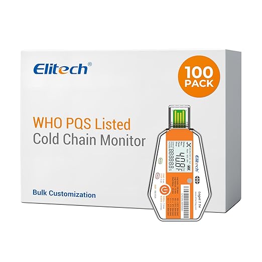 Elitech WHO PQS Certificated 100 Pack 120 Days Temperature Humidity Data Logger with Light Sensor Single-Use Cold Chain Monitor (CCM) Temperature Recorder with PDF Report 16000 Points LogEt1-TH