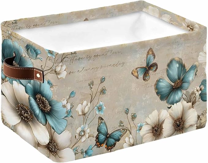 Teal Tulip Butterfly Storage Bins Cubes Waterproof Cloth Storage Basket,Beige Turquoise Floral Vintage Rustic Foldable Storage Bags for Shelf Clothes Storages Organizers with Handles 15x11x9.5 in 1PCS