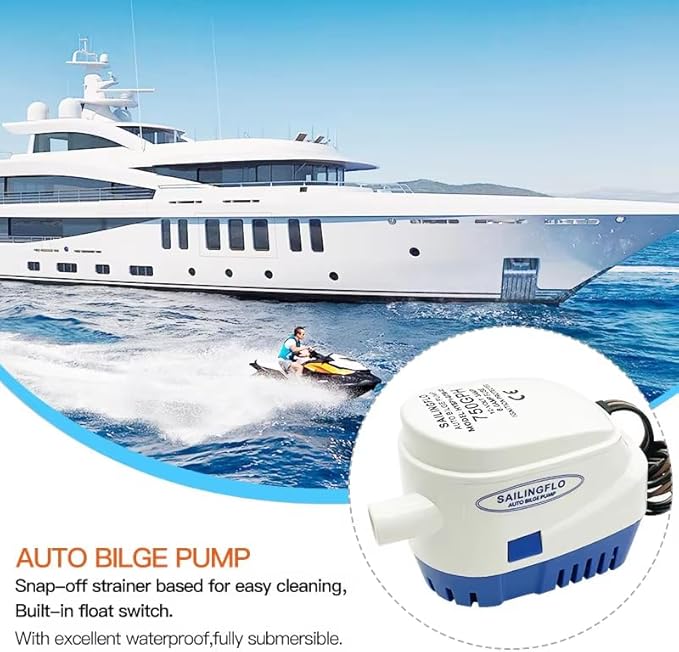 750 GPH Automatic Bilge Pump - 12V, 3/4"(19mm) Outlet, Submersible Boats Water Pump with Float Switch, Snap-Off Strainer, Easy Install for Boat, Marine, Canvas, Ponds