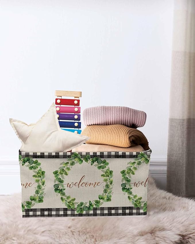 Spring Eucalyptus Leaves Storage Bins Cubes Waterproof Cloth Storage Basket,Farmhouse Botanical Burlap Paid Foldable Storage Bags for Shelf Clothes Storages Organizers with Handles 15x11x9.5 in 1PCS