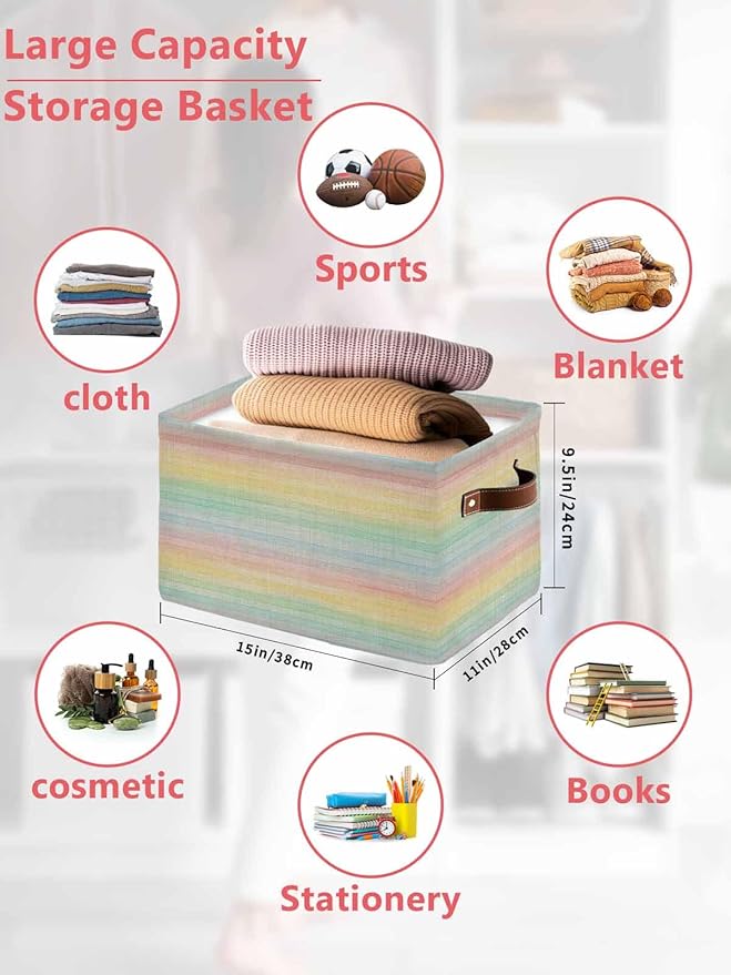 Colorful Striped Storage Bins Cubes Waterproof Cloth Storage Basket, Farmhouse Vertical Striped Burlap Rustic Foldable Storage Bags for Shelf Closet Clothes Organizers with Handles 15x11x9.5 in 2PCS