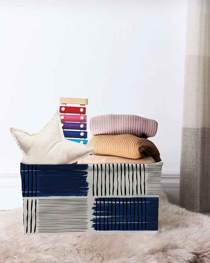 Navy Blue Striped Storage Bins Cubes Waterproof Cloth Storage Basket,Farmhouse Stripes Modern Abstract Art Foldable Storage Bags for Shelf Clothes Storages Organizers with Handles 15x11x9.5 in 1PCS