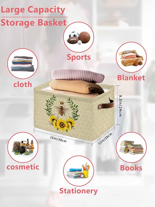 Bees Storage Bins Cubes Waterproof Cloth Storage Basket,Sunflowers Summer Watercolor Floral Leaf Palnt Honey Foldable Storage Bags for Shelf Clothes Storages Organizers with Handles 15x11x9.5 in 2PCS