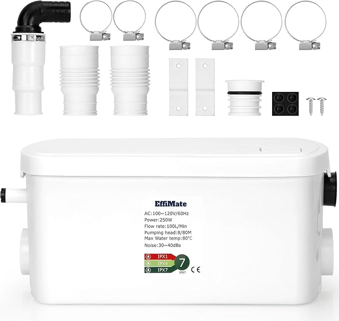 Macerator Pump, Silent 250W Sewage Sump Pump, 6000 L/h Flow, Upflush 26.3ft Head, IPX7, Utility Sink with 2 Inlets for Wastewater Disposal in Basement Shower Bathtub Laundry Kitchen RVs