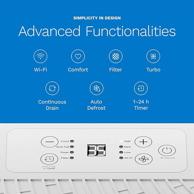 hOmeLabs Dehumidifier - Advanced Humidity & Moisture Control, Quiet, Efficient, Auto Shut-off, Ideal for Home, Basement, Office - 4,500 Sq Ft Wi-Fi (32 Pint MAX 80 Pint at 95°F, 90% RH)