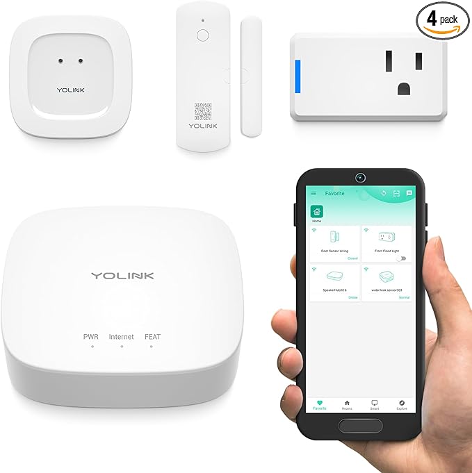 YoLink Smart Home Starter Kit 1/4 Mile World's Longest Range Smart Home Security System Include Smart Hub, Wireless Door Sensor, Water Leak Sensor, and Alexa Google Assistance IFTTT Enabled Smart Plug