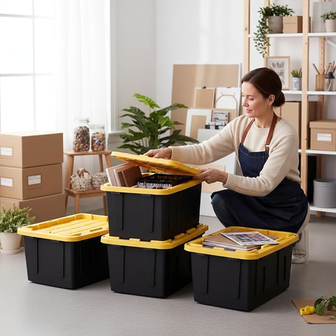 27 Gallon Heavy Duty Storage Container with Lid, Plastic, Durable and reusable, used indoor and outdoor, 20.6" D x 30.6" W x 14.3" H, 4 Pack Or 8 Pack ! (Yellow and Black, 4 Pack)
